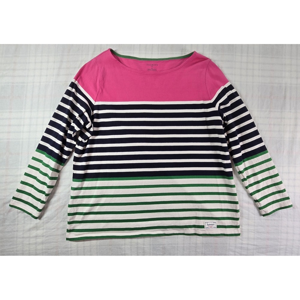 Authentic Talbots Tee Snowy Stripe Shirt 100% Cotton Green Pink Navy Blue 2X